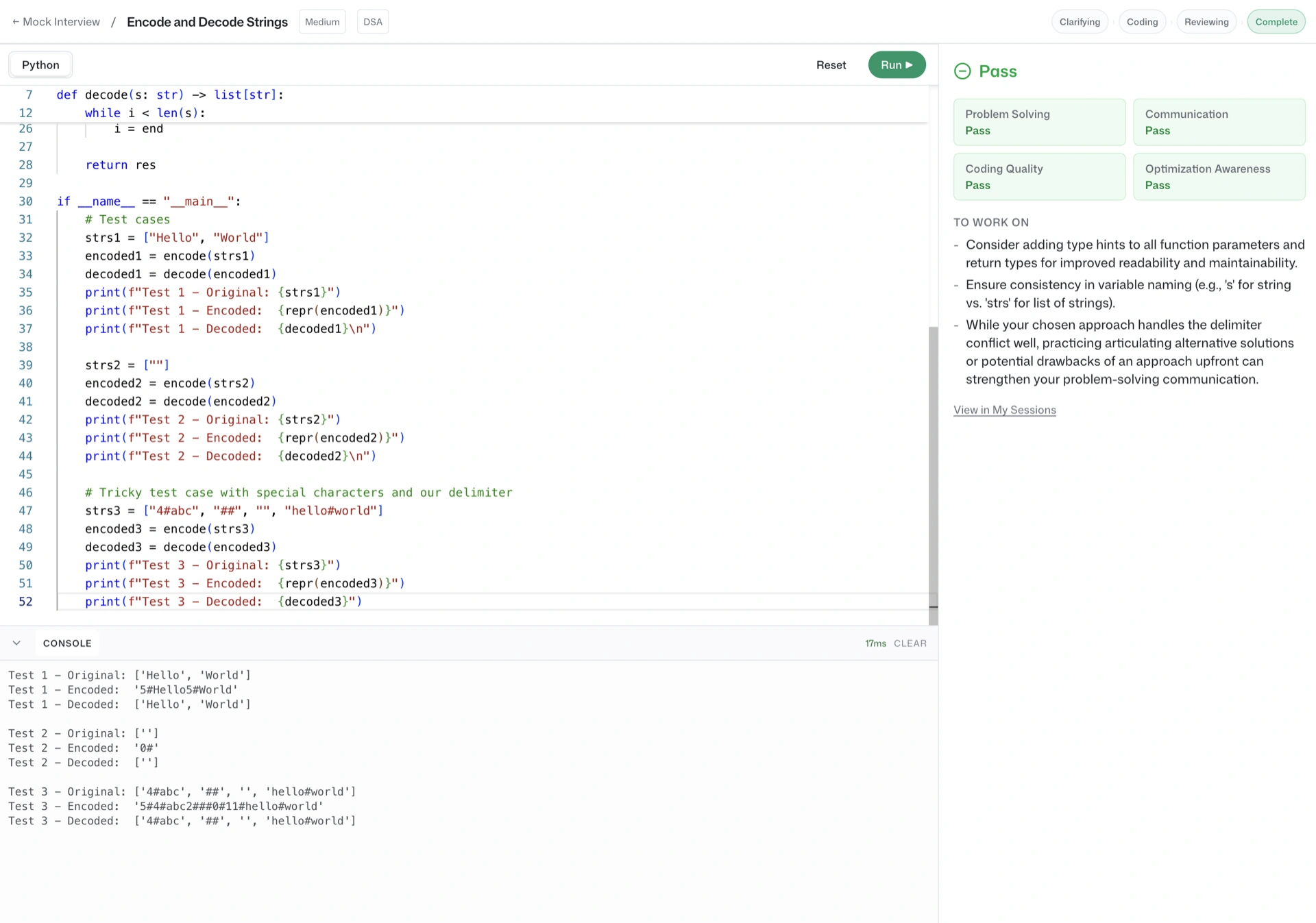 An AI mock interview: your code and console on the left, a Pass verdict with per-dimension scoring and specific feedback on the right.