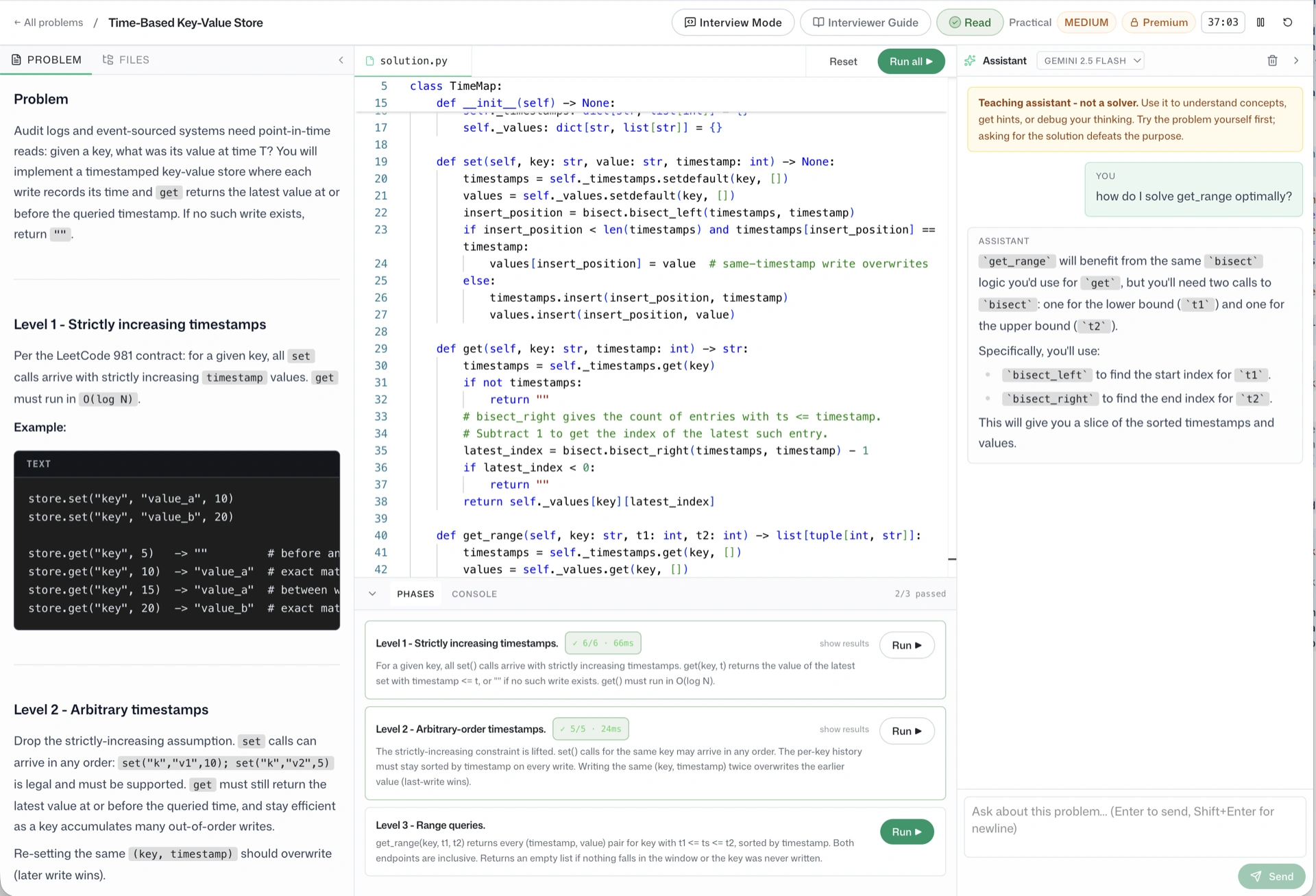 A returnzero coding challenge: the problem brief beside an in-browser Python editor, with multi-level tests passing 3 out of 3.