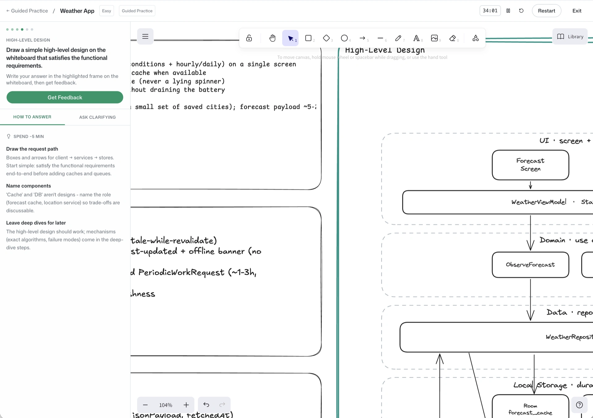 Guided practice for a mobile system design problem: an AI coach rail walks through each design step while you diagram the architecture on a live canvas.