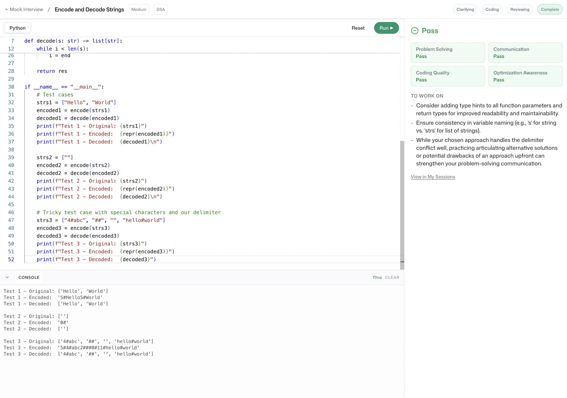 A live AI mock interview: the problem prompt beside a code editor, with the interviewer's feedback panel grading each step.
