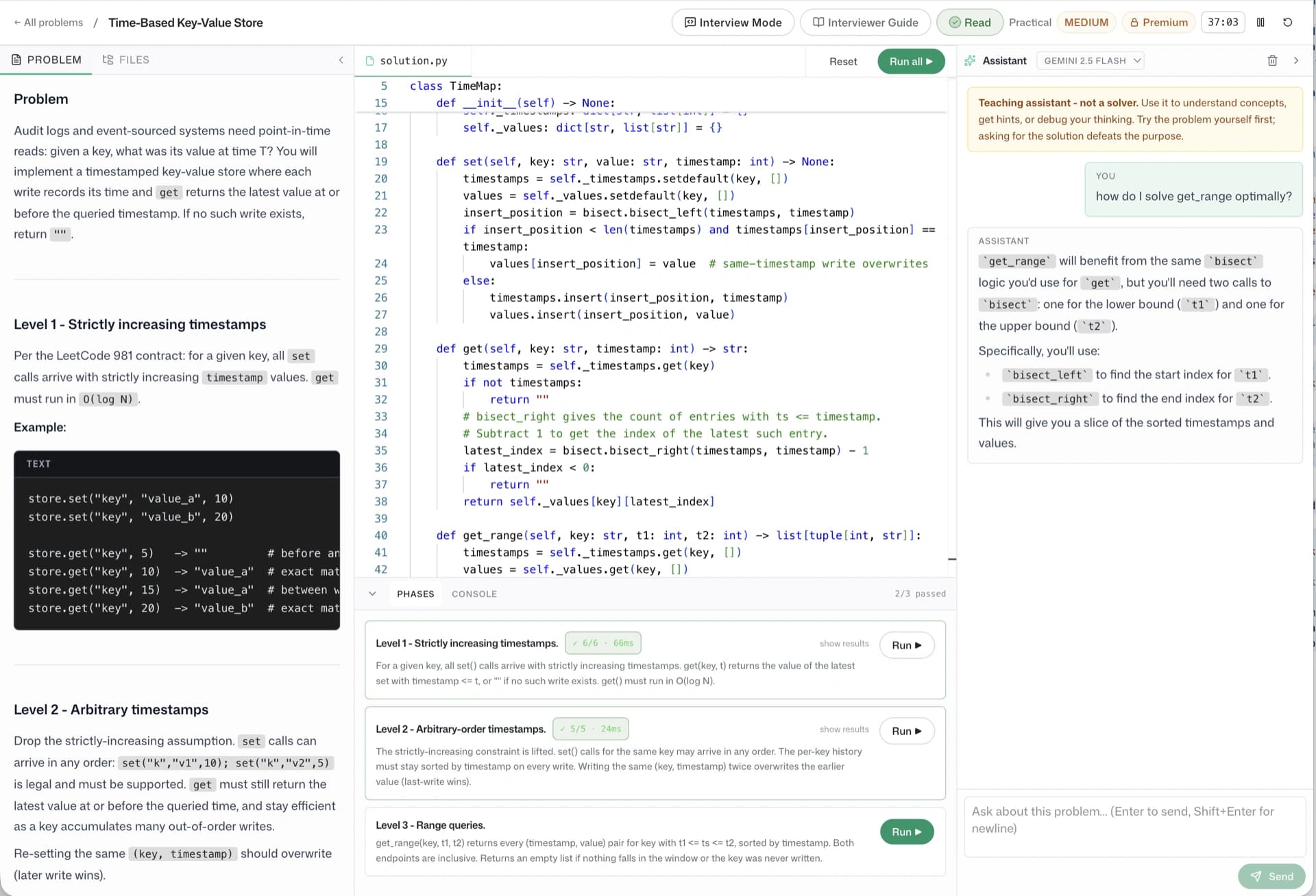 A returnzero coding challenge: the problem brief beside an in-browser Python editor, with multi-level tests passing.