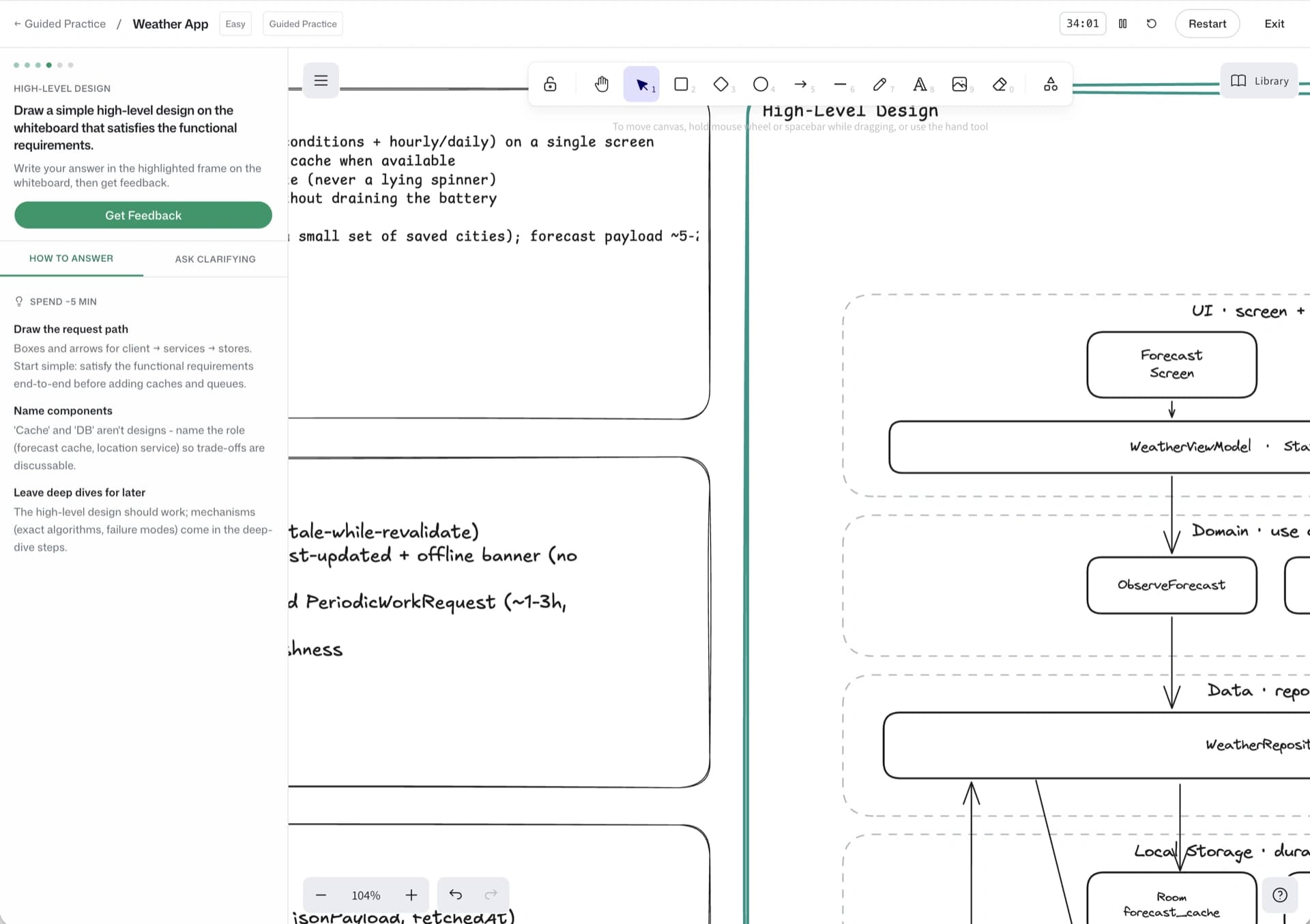 Guided practice: an AI coach rail walks through each design step while you diagram the architecture on a live canvas.
