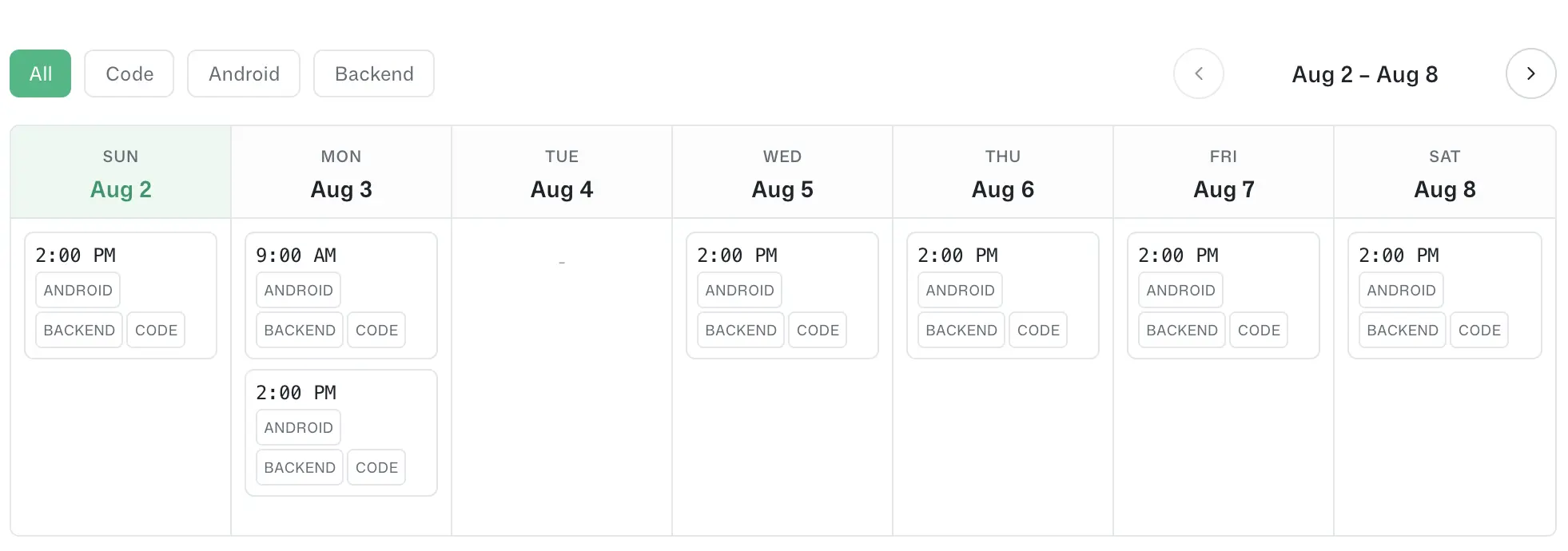 Peer interview booking calendar with day columns and available coding, Android, and backend slots.