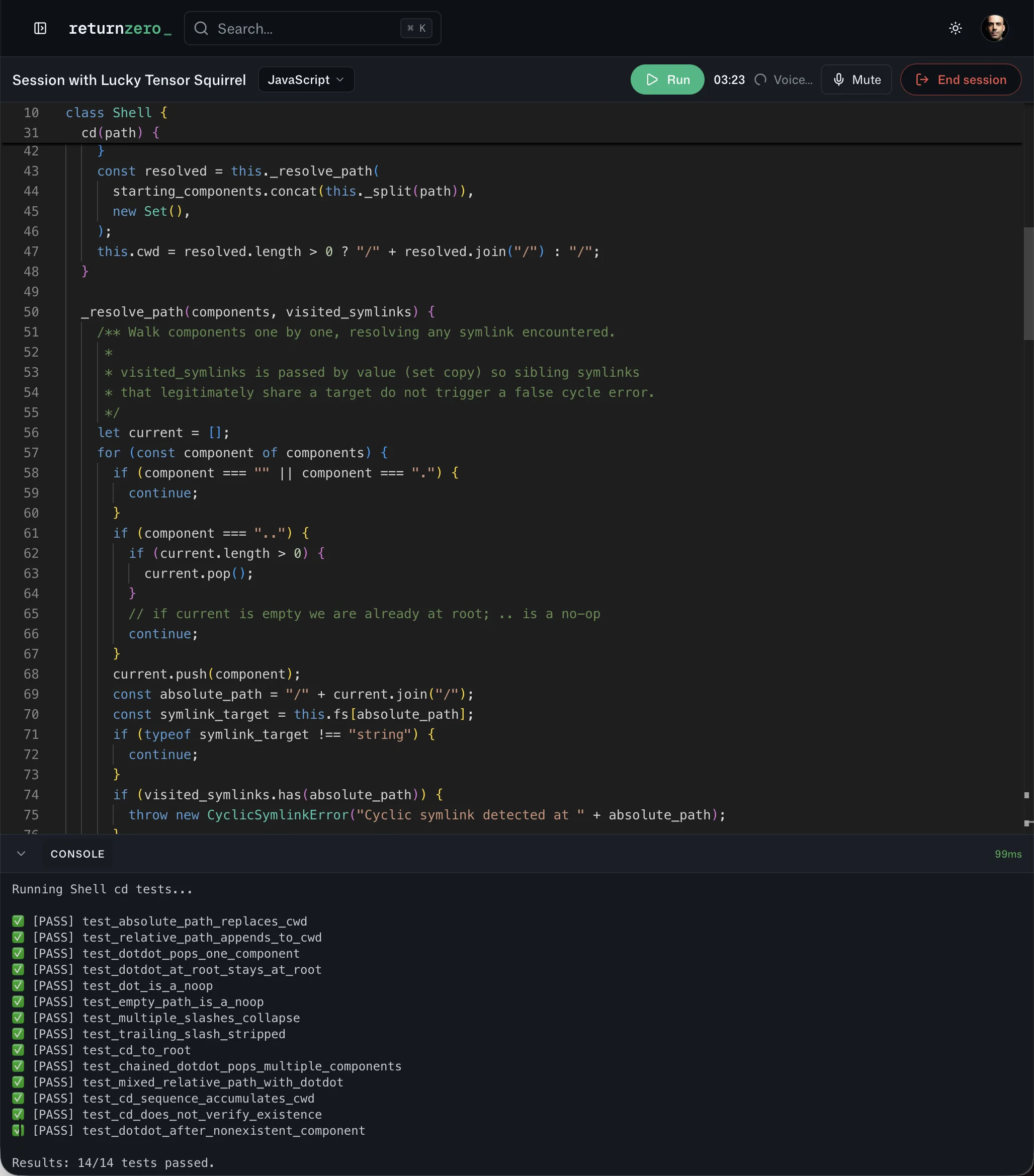 Peer coding interview: shared editor with Run, voice, and a console showing all tests passing.