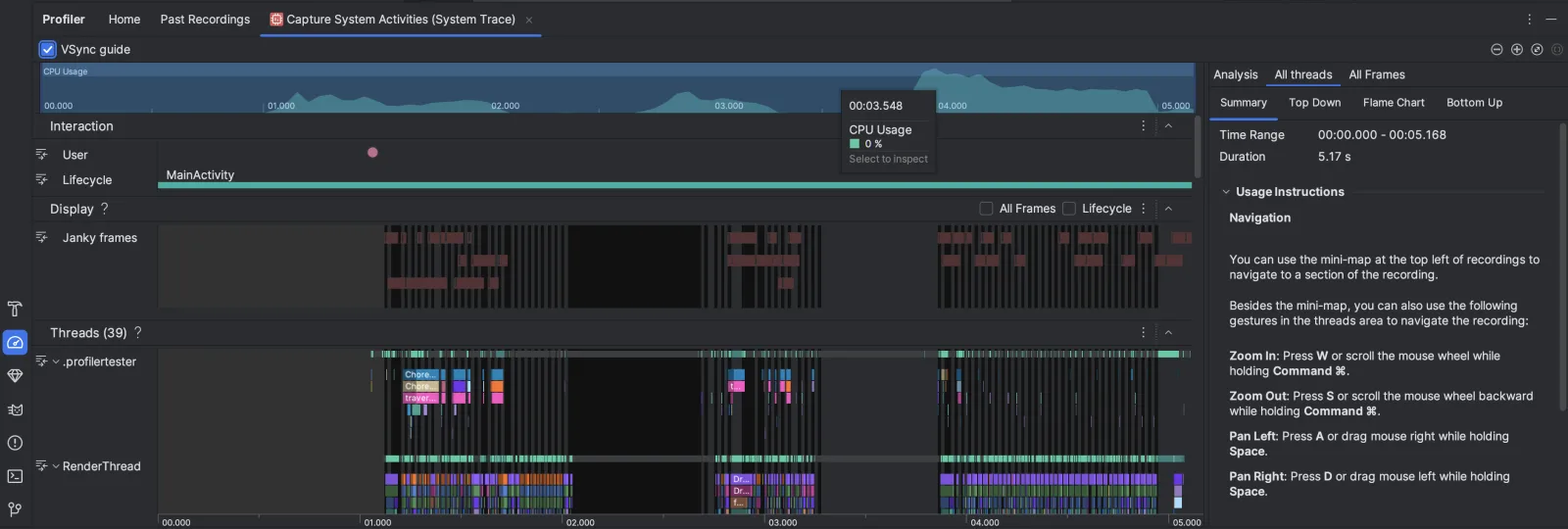 Android Studio Profiler showing a system trace with CPU usage graph, Janky frames highlighted in red, and MainThread and RenderThread timelines