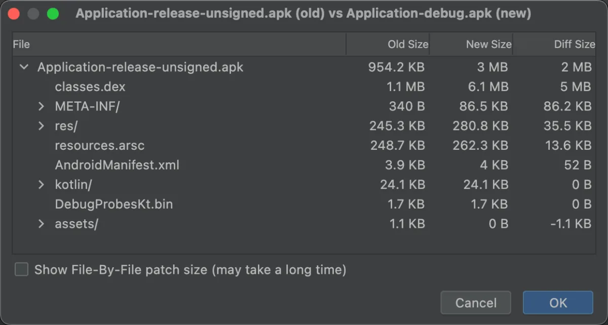 APK Analyzer compare dialog showing Old Size, New Size, and Diff Size columns for classes.dex, res, and other APK entries