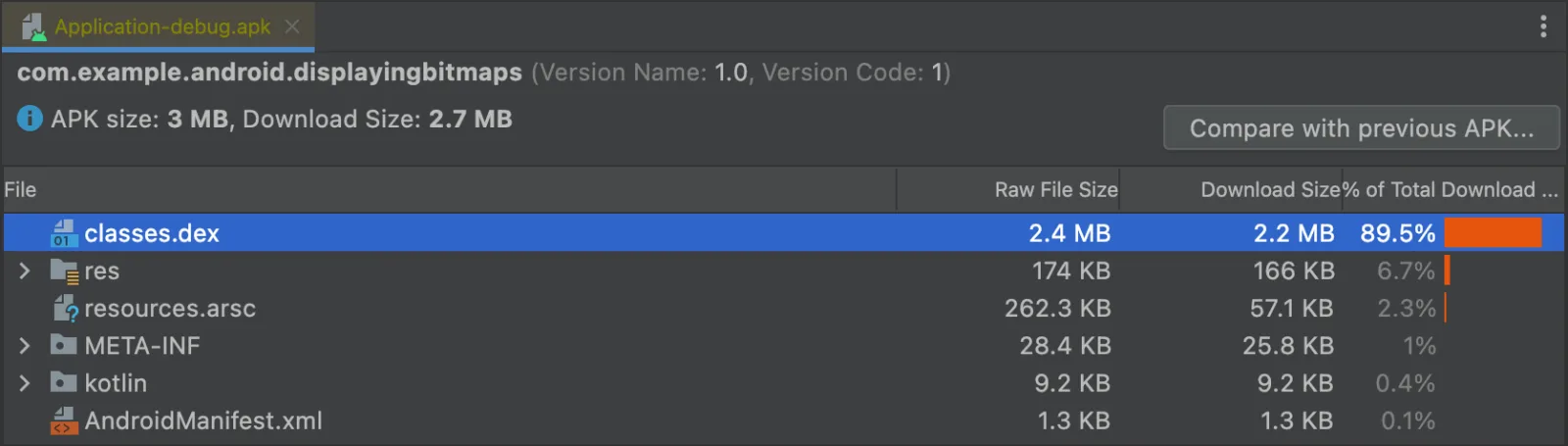 APK Analyzer showing classes.dex at 89.5% of download size with Raw File Size and Download Size columns