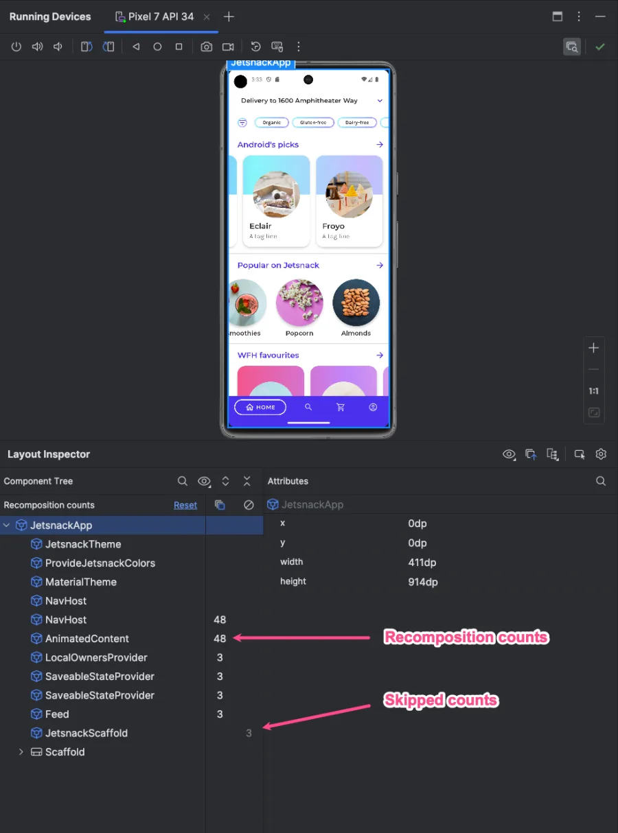 Android Studio Layout Inspector showing the JetsnackApp Component Tree with recomposition counts per composable - AnimatedContent at 48, NavHost at 48, with Recomposition counts and Skipped counts annotated