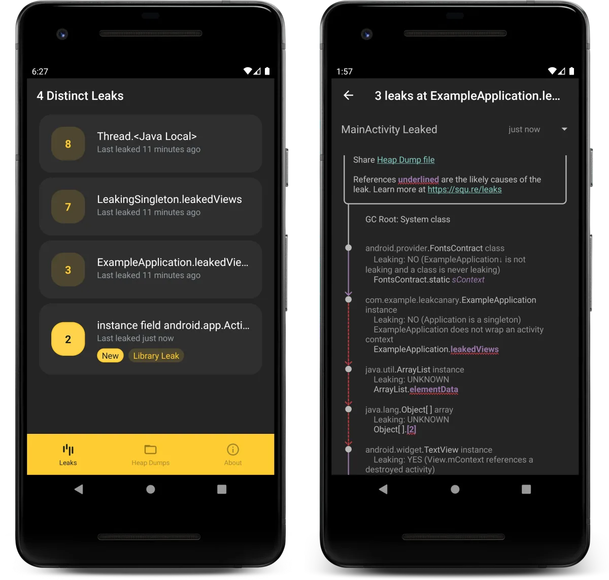 LeakCanary showing a list of 4 distinct leaks on the left and a detailed GC root chain ending at a leaked MainActivity on the right