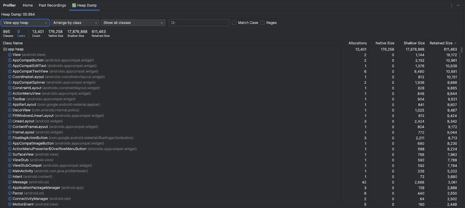 Android Studio Memory Profiler heap dump view showing 995 classes with Allocations, Shallow Size, and Retained Size columns - View class at top with 611,463 bytes retained