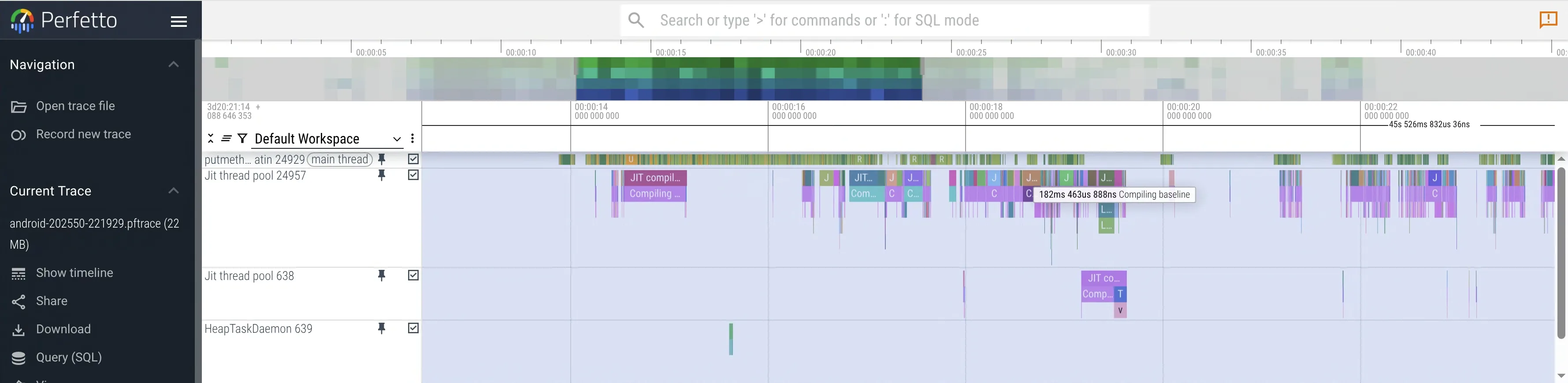 Perfetto trace showing the main thread track with named JIT compilation bars, JIT thread pool tracks, and HeapTaskDaemon below - the view used to identify which thread is blocking a frame