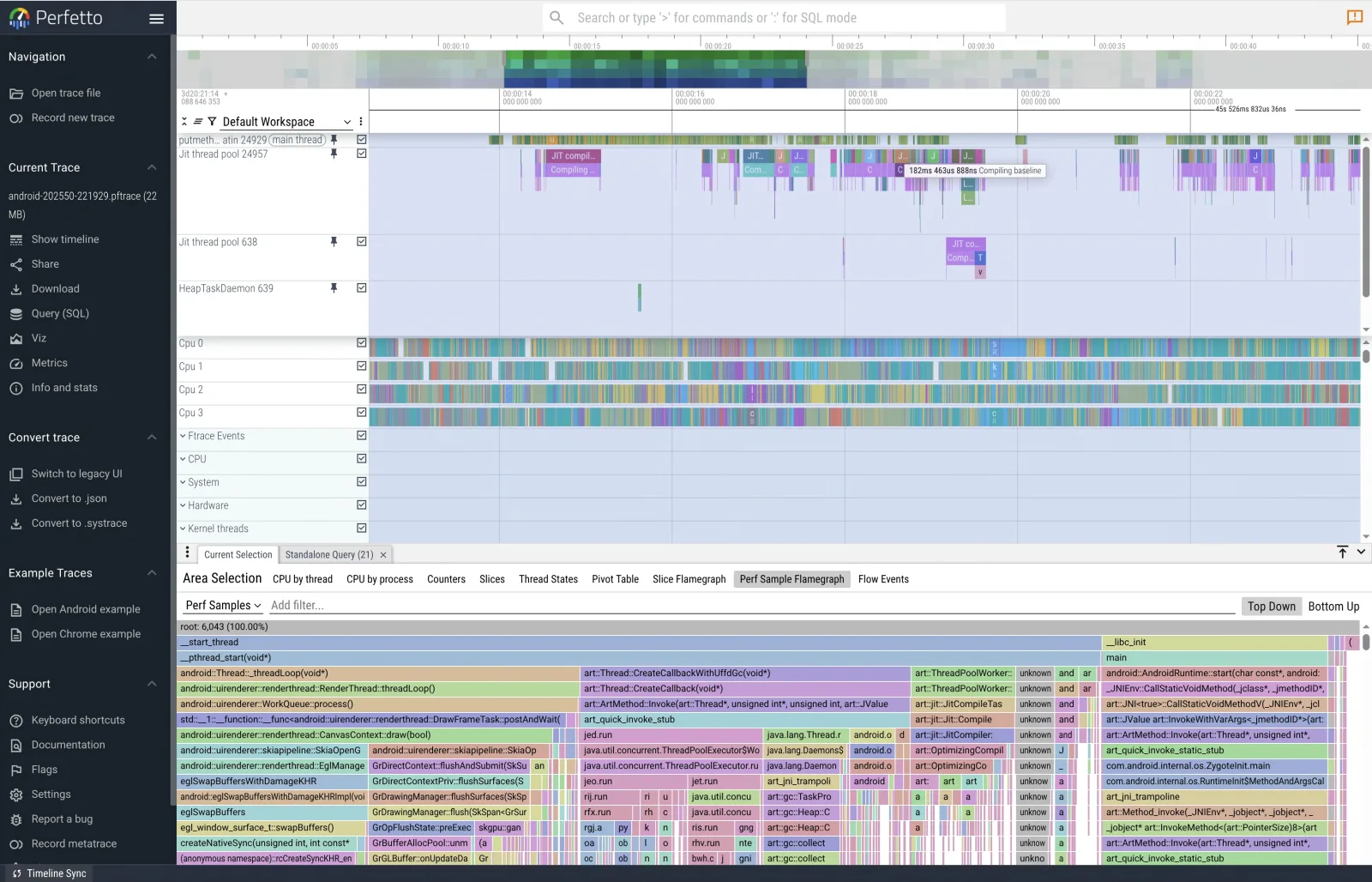 Perfetto UI showing thread tracks for main thread and JIT pools, CPU core lanes, and a flamegraph panel at the bottom